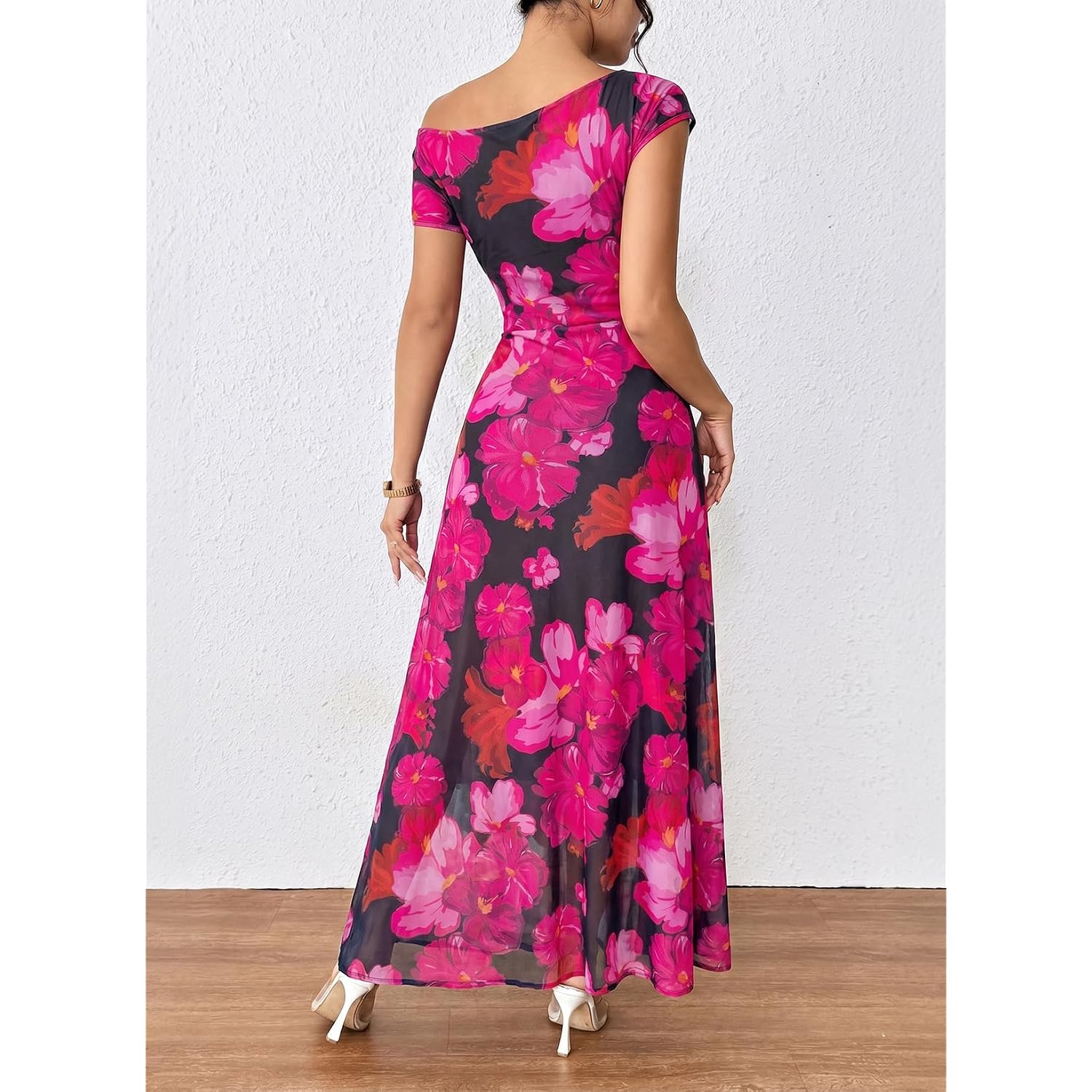 Blencot Women'S Floral Off Shoulder Maxi Dress Ruched Bodycon Summer Wedding Guest Party Gown