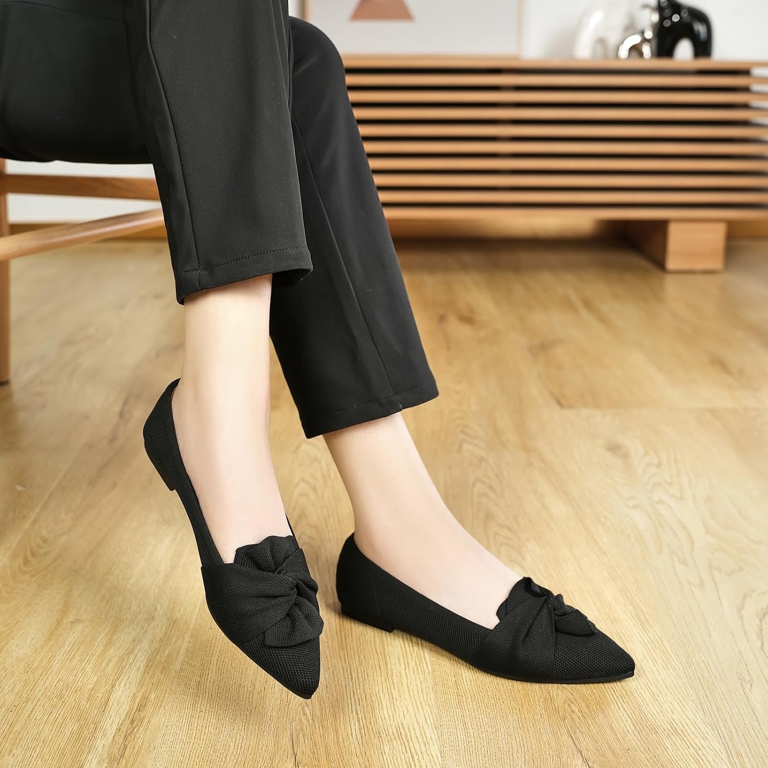 Hiulycence Flats For Womens Pointed Toe Ballet Flats With Bow Comfortable Knit Dressy Flats