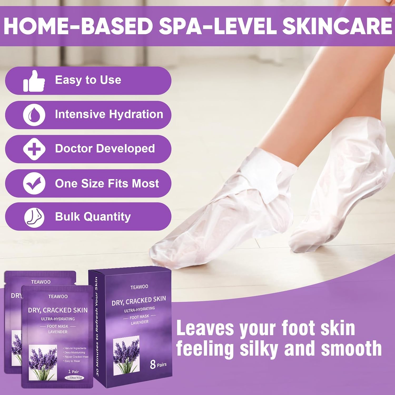 TEAWOO 8 Pairs Moisturizing Foot Masks with Lavender Oil & Jojoba Oil, Intensely Hydrating Foot Mask for Dry Cracked Feet, Moisturizing Socks for Cracked Heel Treatment