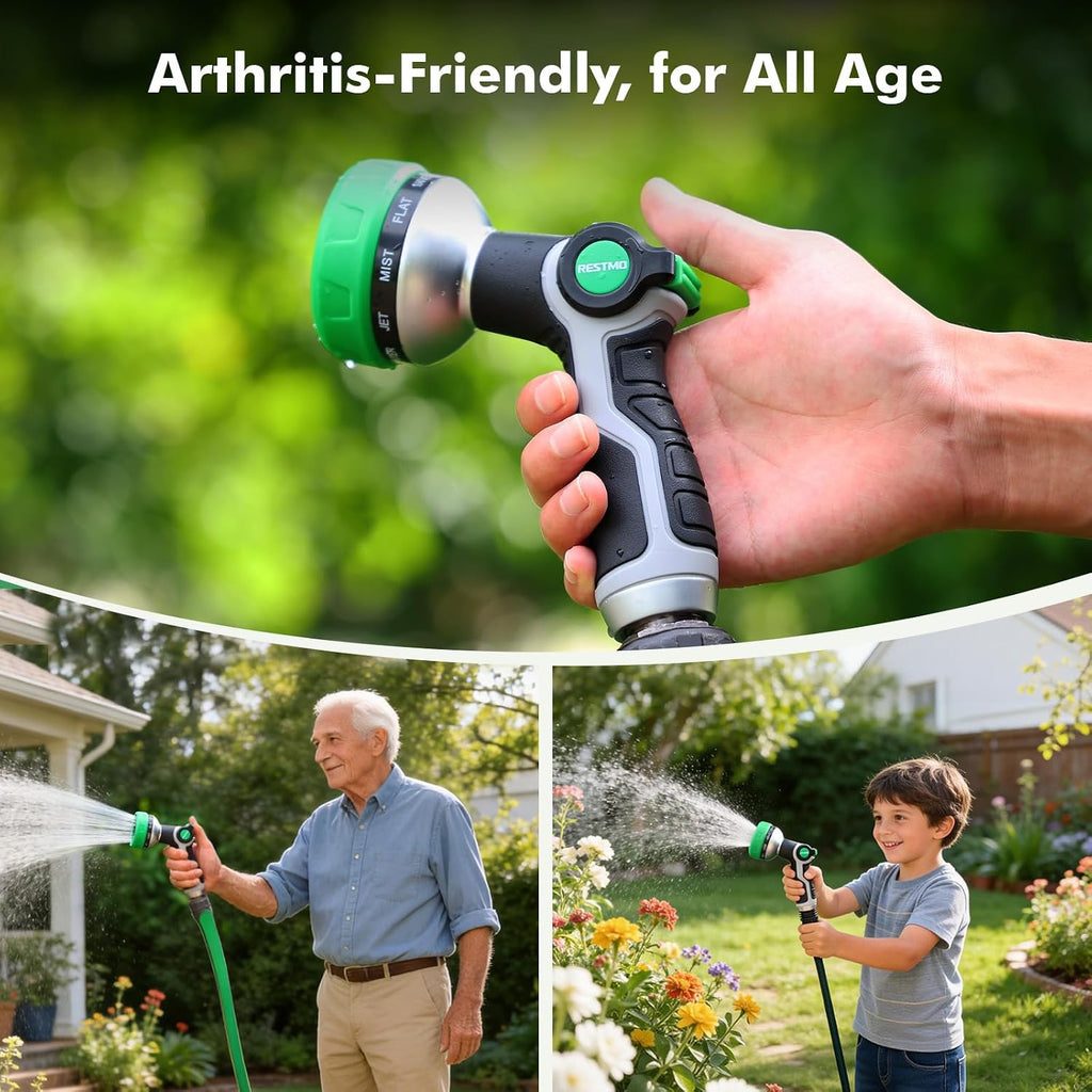 Restmo 10-In-1 Water Hose Nozzle, Garden Hose Sprayer With 10 Adjustable Spray Patterns, Easy Thumb Control For Flow Adjustment, Ideal For Watering Plants & Lawns, Washing Cars & Pets, Green