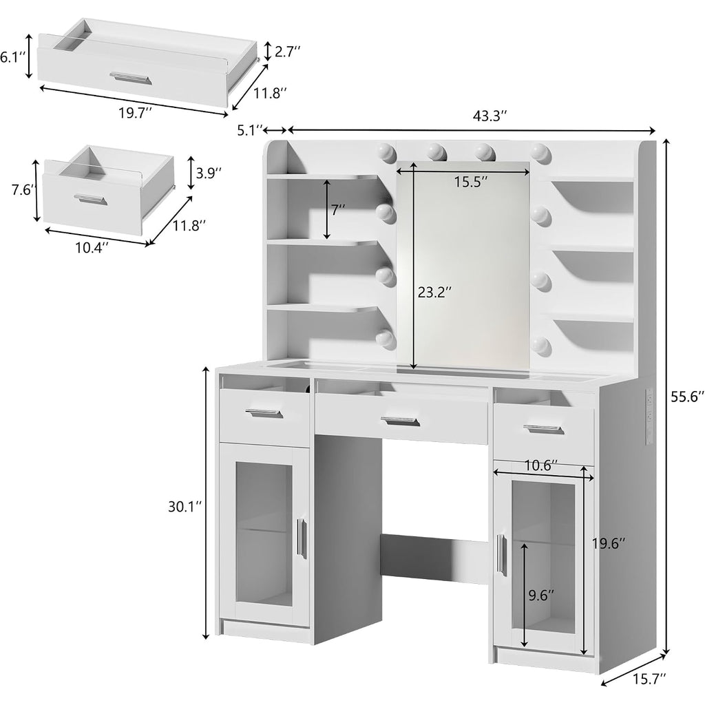 Vanity Desk, Makeup Vanity Desk With Mirror And Lights 3 Colors, Transparent Top With 3 Rgb Drawers, 6 Shelves, 2 Large Tempered Cabinets, Power Outlet, For Bedroom, White
