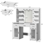 Vanity Desk, Makeup Vanity Desk With Mirror And Lights 3 Colors, Transparent Top With 3 Rgb Drawers, 6 Shelves, 2 Large Tempered Cabinets, Power Outlet, For Bedroom, White