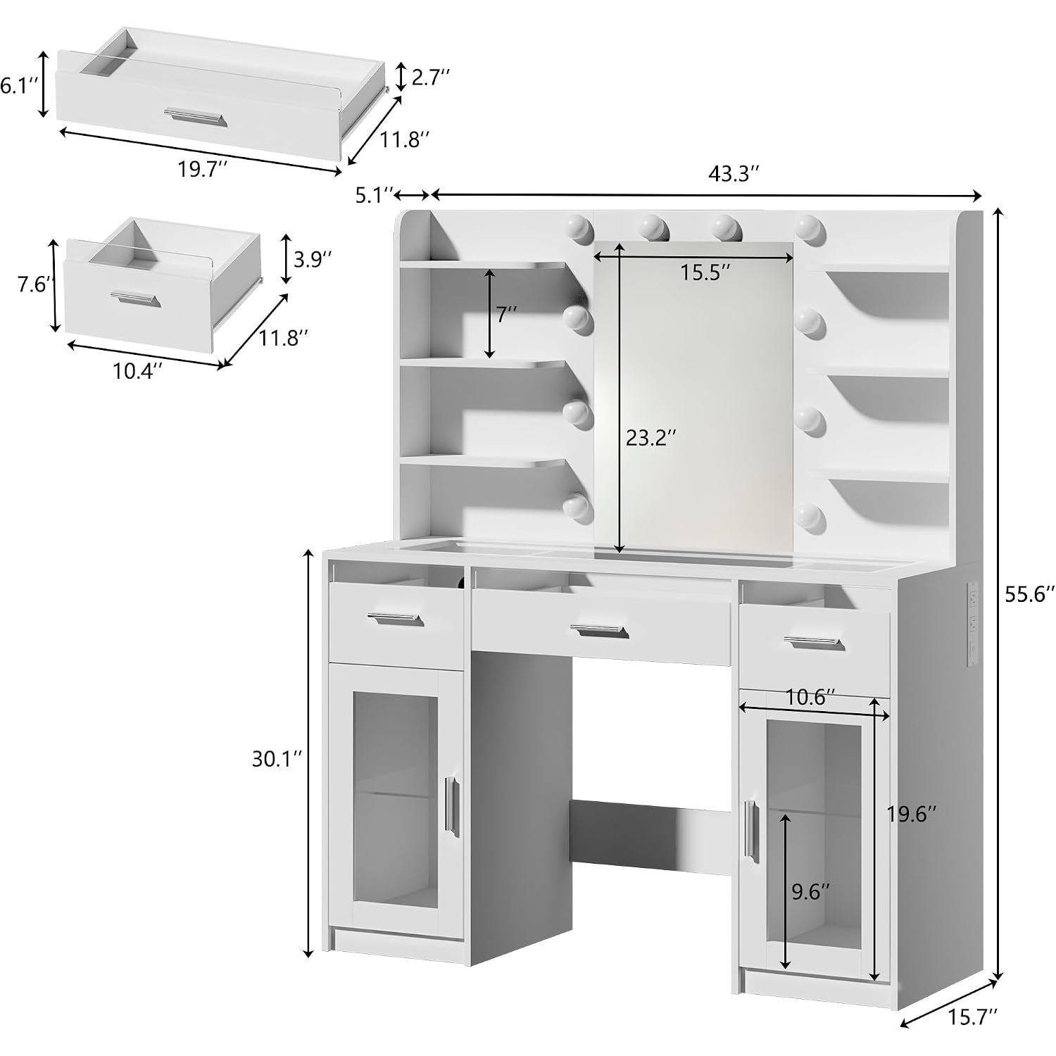 Vanity Desk, Makeup Vanity Desk With Mirror And Lights 3 Colors, Transparent Top With 3 Rgb Drawers, 6 Shelves, 2 Large Tempered Cabinets, Power Outlet, For Bedroom, White