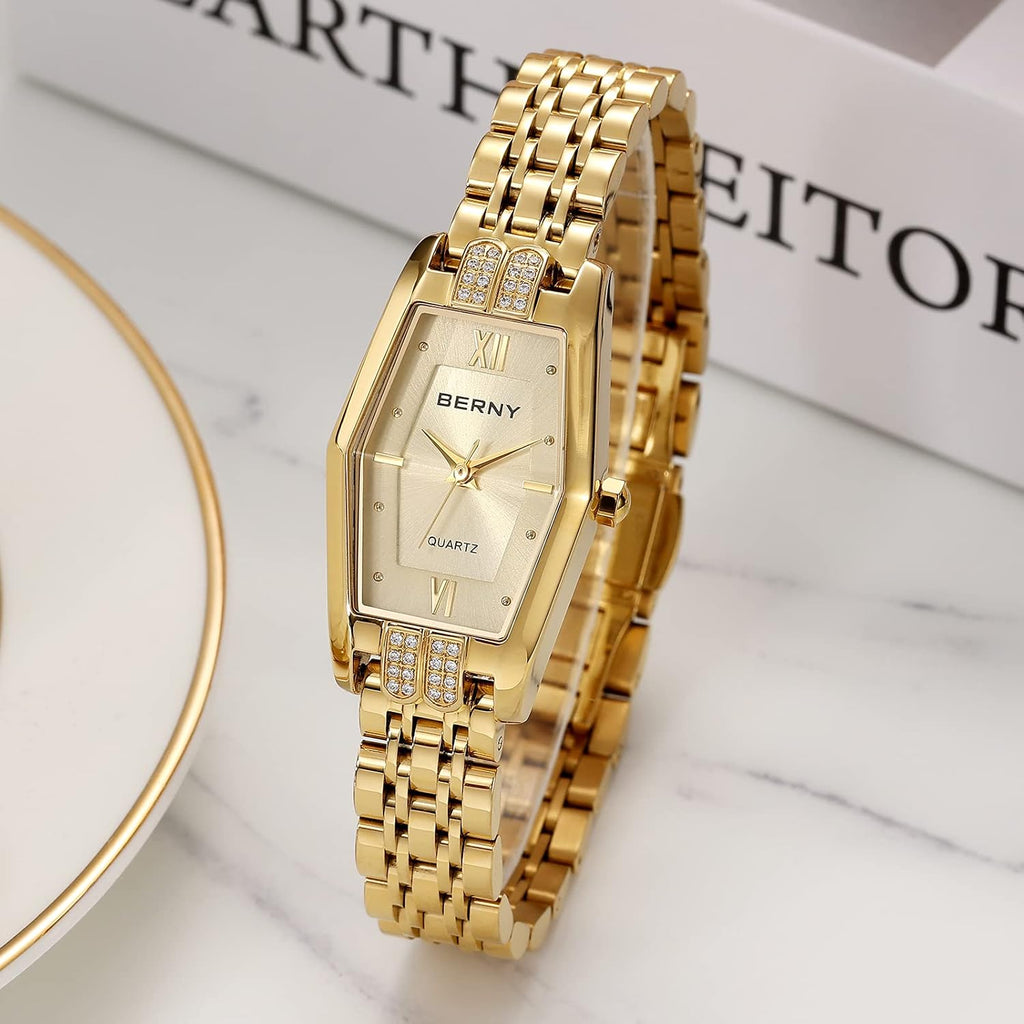 Berny Gold Watches For Women Dainty Hexagon Ladies Quartz Wrist Watches Stainless Steel Band Fashion Analog Watch Luxury Bracelet