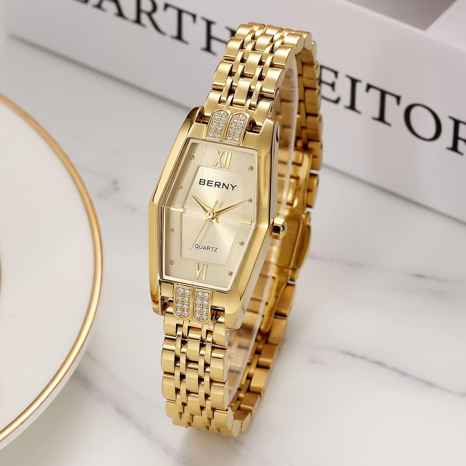 Berny Gold Watches For Women Dainty Hexagon Ladies Quartz Wrist Watches Stainless Steel Band Fashion Analog Watch Luxury Bracelet