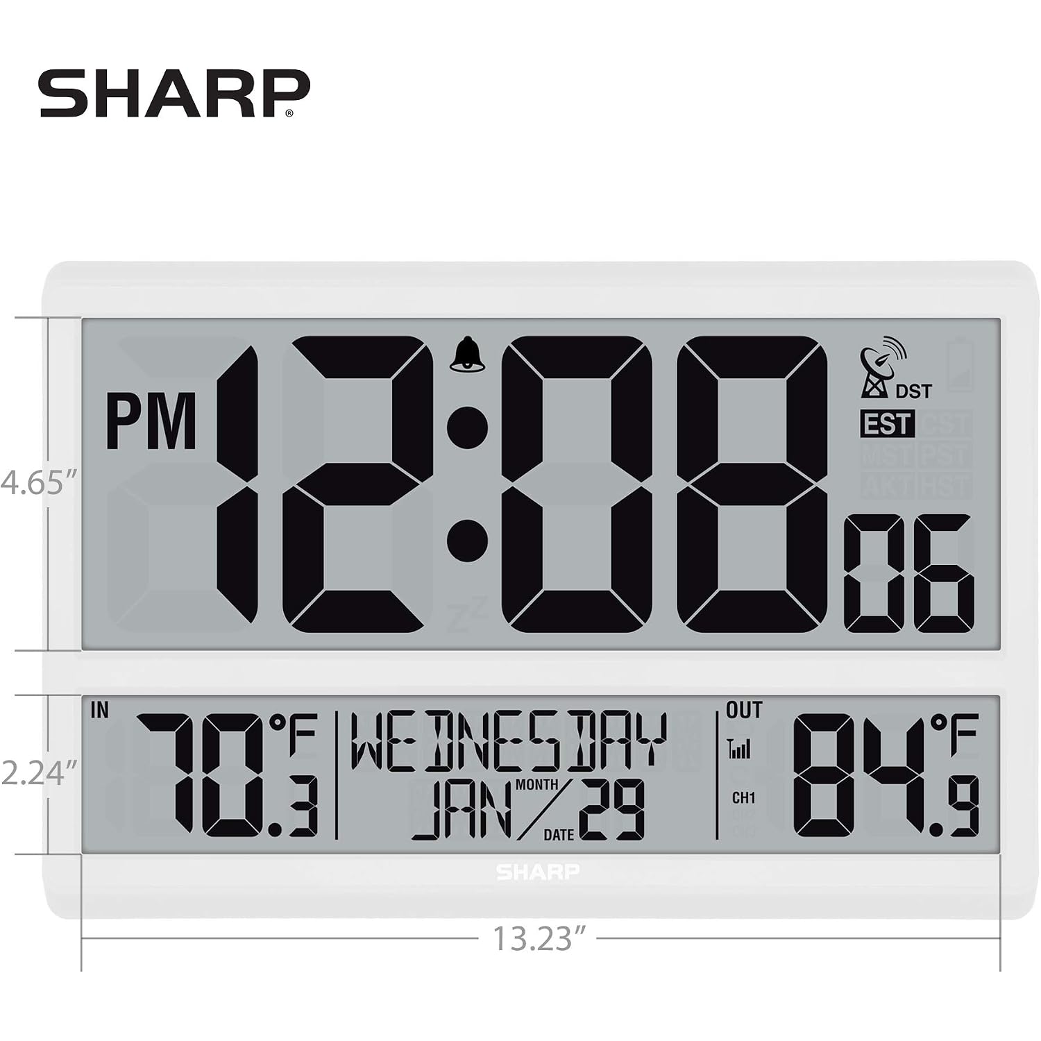 Sharp Atomic Clock - Never Needs Setting! –Easy To Read Numbers - Indoor/Outdoor Temperature, Wireless Outdoor Sensor - Battery Powered - Easy Set-Up (4" Numbers)