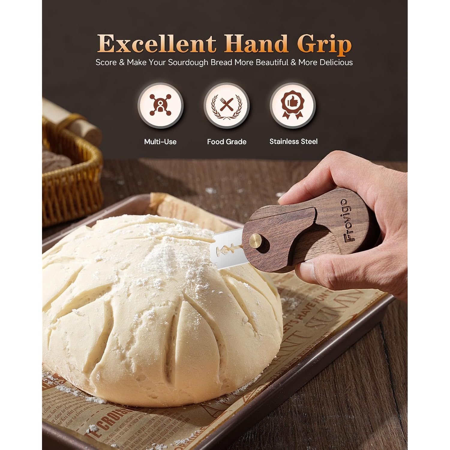 Bread Lame, Scoring Tool For Sourdough With 5 Retractable Razor Blades, Professional Dough Scorer With Magnetic Safety Design, Bread Slashing Tool, Sourdough Knife Supplies For Baking (Walnut)