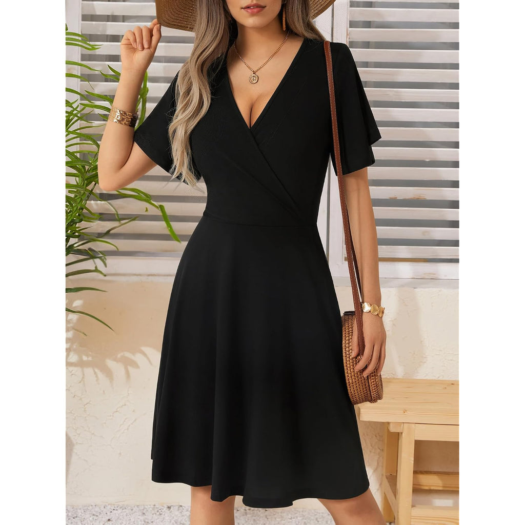Fensace Womens Sundress Summer Floral Short Sleeve Wrap V Neck A-Line Midi Dress