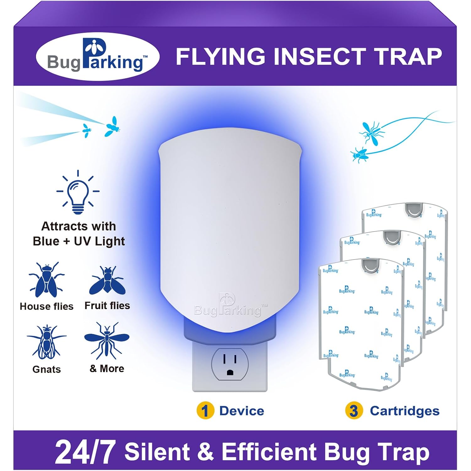 Flying Insect Trap, Plug-In Uv Light For Gnats, Fruit Flies And Houseflies, Silent Sticky Catcher For Indoor Use, 1 Device & 3 Refills