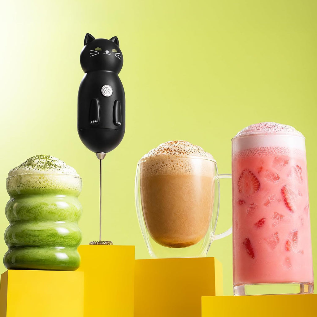 Cat-Shaped Frother Mixer – Cutesy Frother, Meet Your New Frothing Buddy Midnight The Cat, Adoption Papers And Stickers Included, Purrr-Fect For Lattes, Cappuccino & Matcha – Black