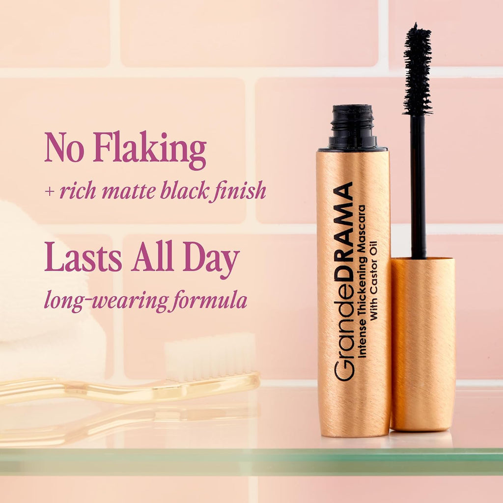 Grande Cosmetics Grandedrama Intense Thickening Black Mascara With Castor Oil, Volumizing, Conditioning, Buildable Formula (0.32 Oz)
