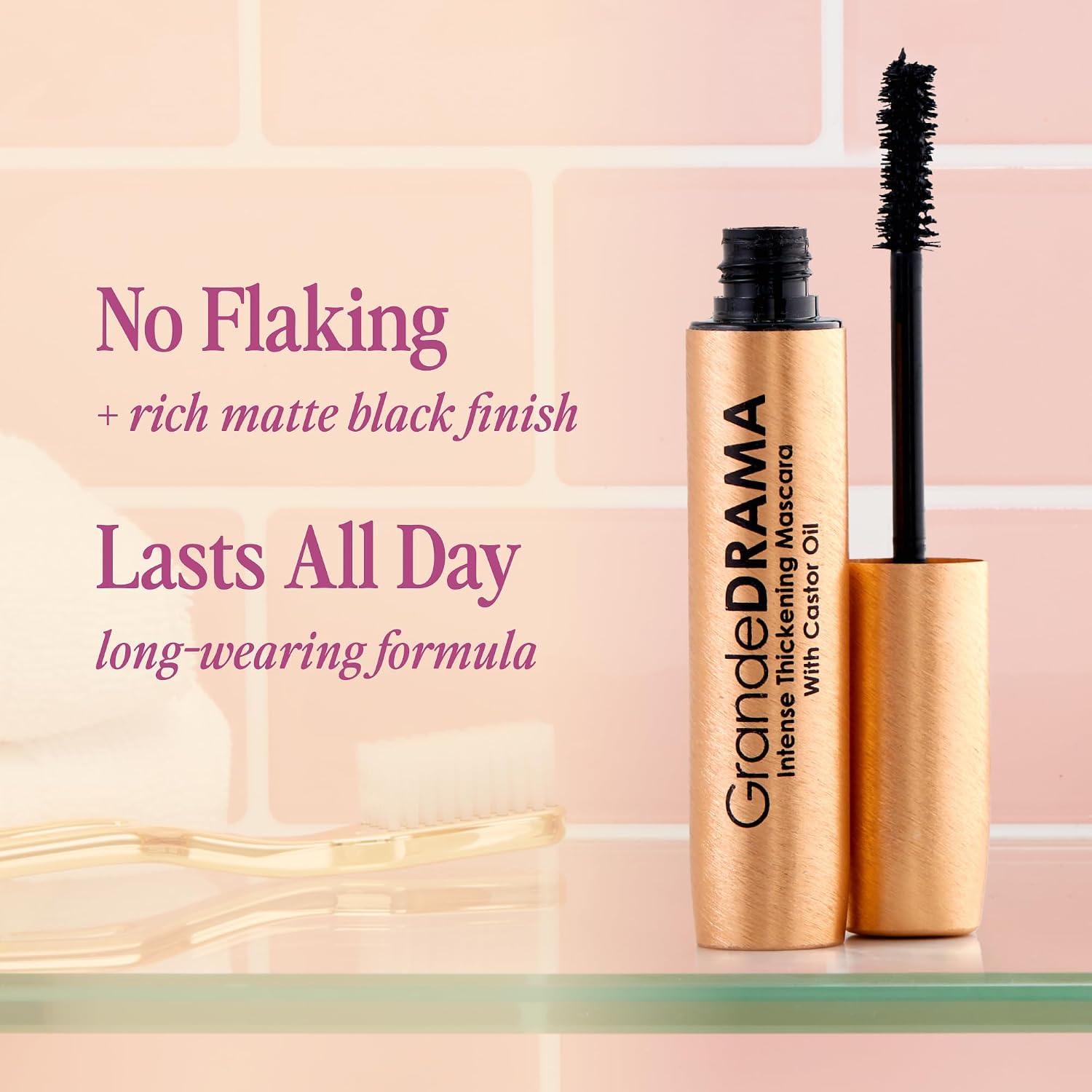 Grande Cosmetics Grandedrama Intense Thickening Black Mascara With Castor Oil, Volumizing, Conditioning, Buildable Formula (0.32 Oz)