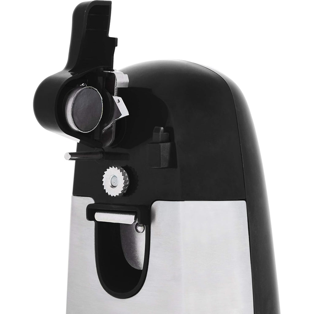 Amazon Basics 3-In-1 Electric Can Opener, Bottle Opener And Knife Sharpener With Stainless Steel Blade, Magnetic Lid Holder, Safe, Easy To Use, Powerful, Sleek Design, 50W, Black