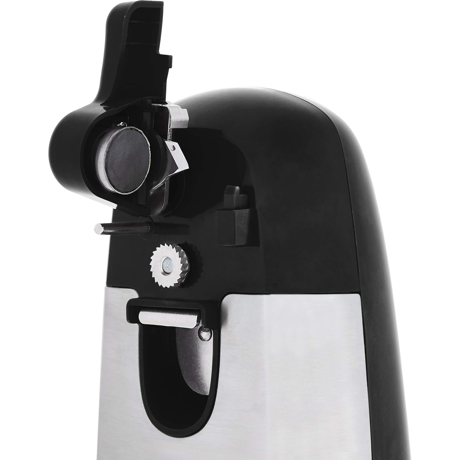 Amazon Basics 3-In-1 Electric Can Opener, Bottle Opener And Knife Sharpener With Stainless Steel Blade, Magnetic Lid Holder, Safe, Easy To Use, Powerful, Sleek Design, 50W, Black