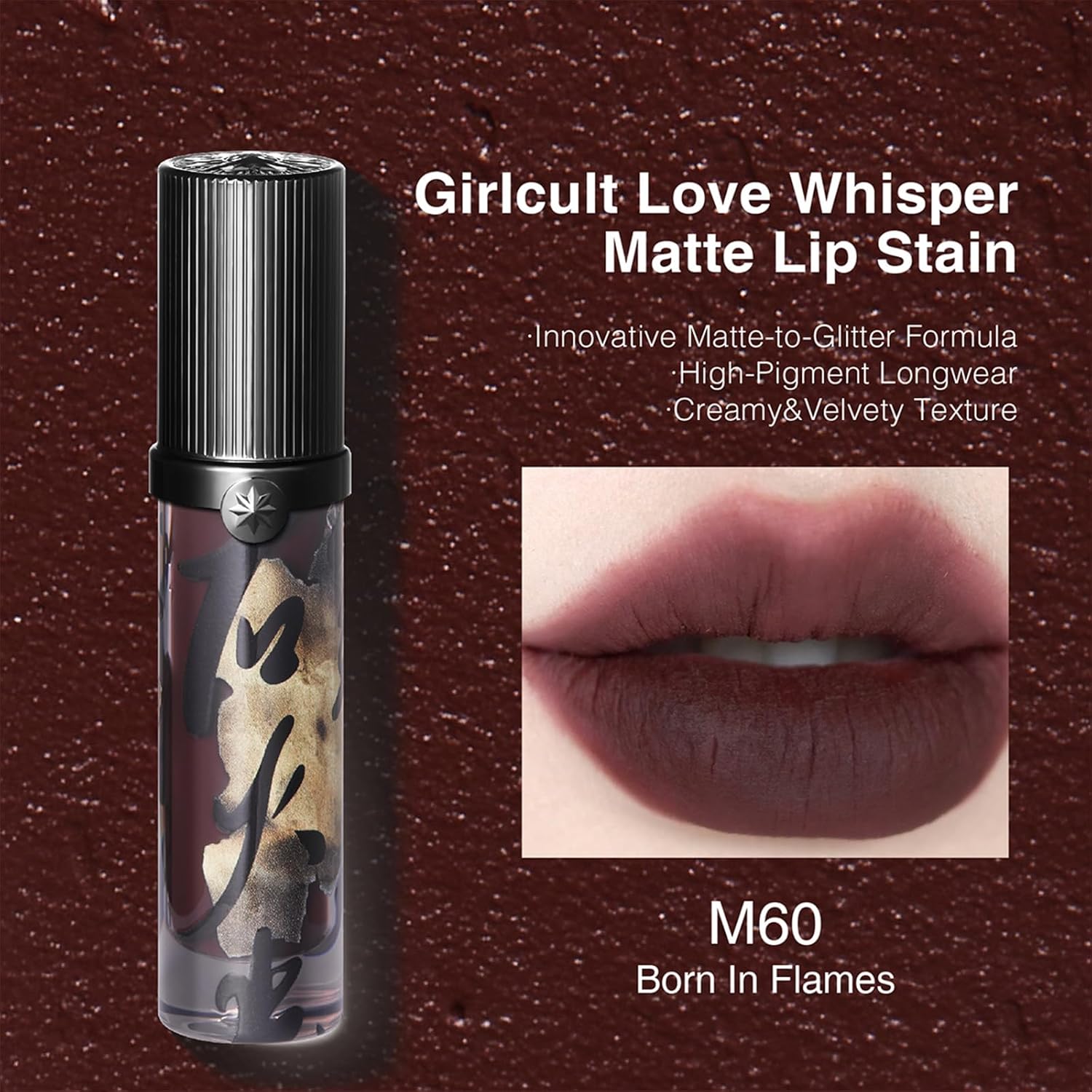 GIRLCULT Matte Lip Stain – Lightweight Velvet Lip Tint, Soft Matte Liquid Lipstick, Transfer-Resistant, Buildable Color, Comfortable Wear (M60)