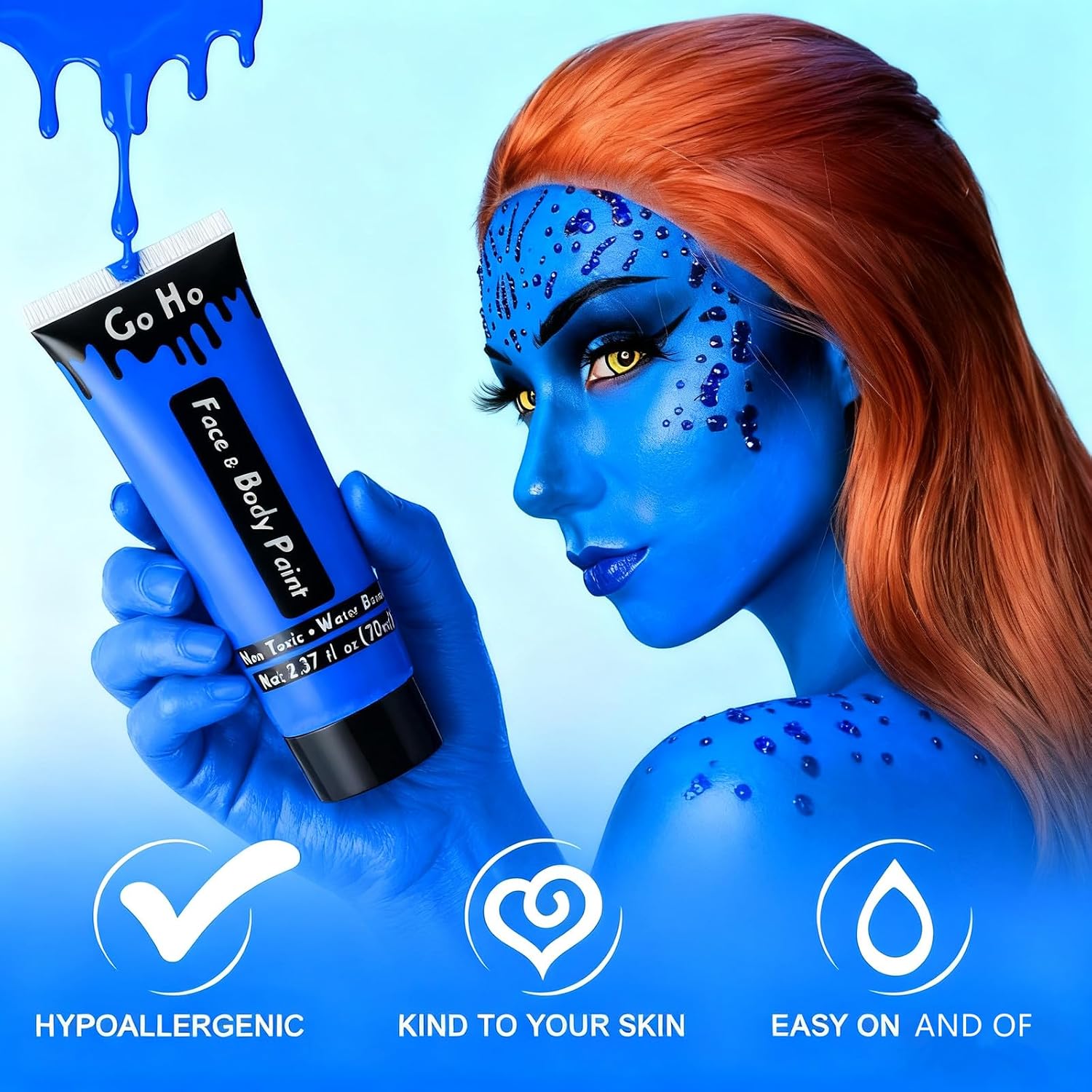 Go Ho Royal Blue Face Body Paint Washable(2.37Oz/Pc),Water Based Cream Blue Face Paint,Smurf Mystique Avatar Clown Makeup,Blue Body Paint For Sfx Cosplay Costumes Festivals Halloween Makeup
