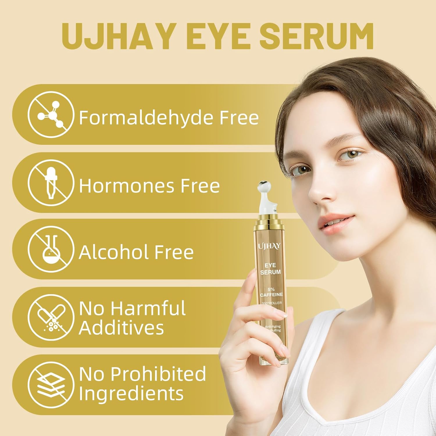 Ujhay 5% Caffeine Eye Cream, Under Eye Serum For Dark Circles, Puffiness & Wrinkles Fine Lines, Eye Roller Serum With 360° Massage Ball, Eye Treatment Balm For Men & Women