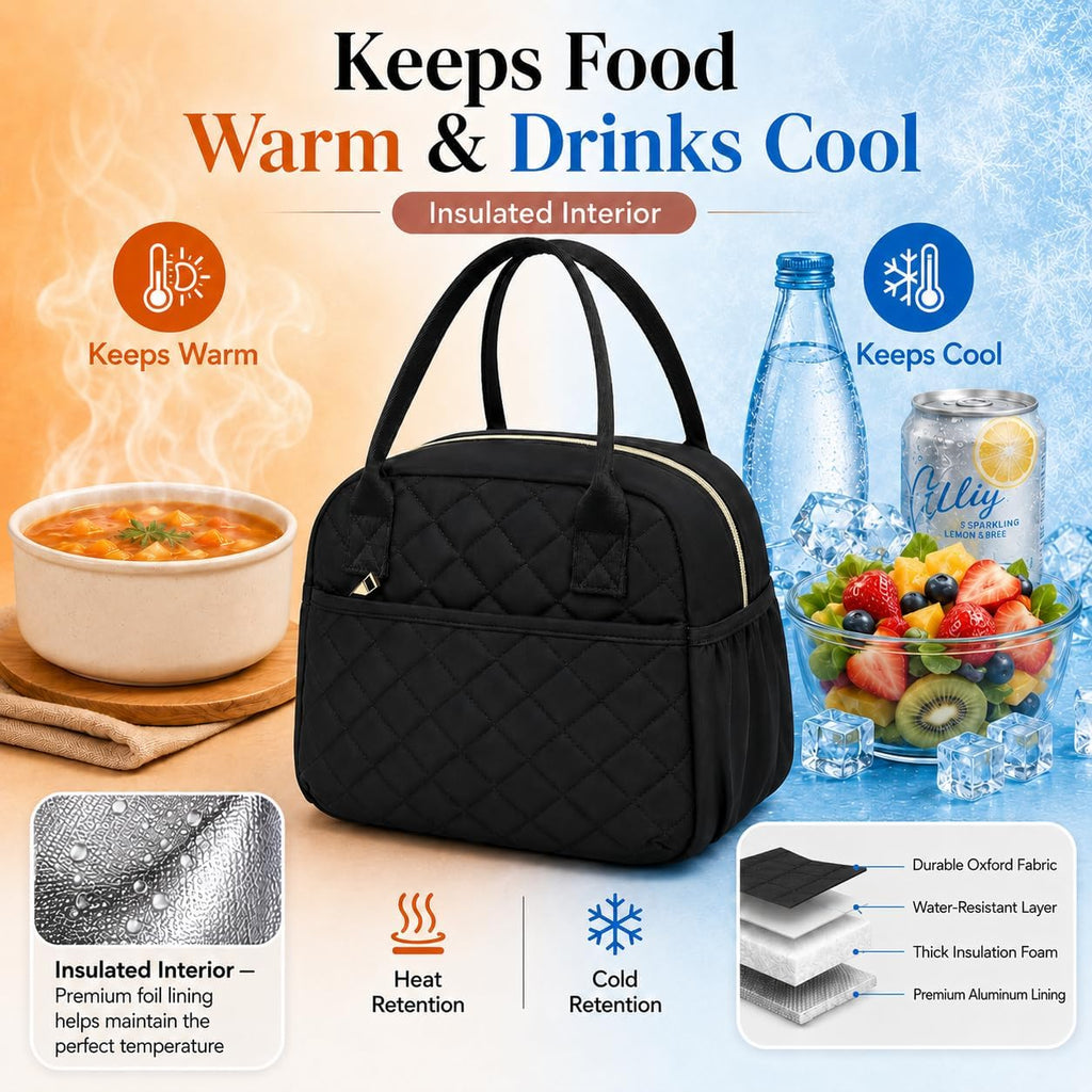Lunch Box For Women Insulated Lunch Bag Lunchbox Cooler Thermal Leakproof Quilted Reusable Lunch Tote Bag For Work School Travel Picnic (Black)