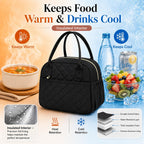 Lunch Box For Women Insulated Lunch Bag Lunchbox Cooler Thermal Leakproof Quilted Reusable Lunch Tote Bag For Work School Travel Picnic (Black)