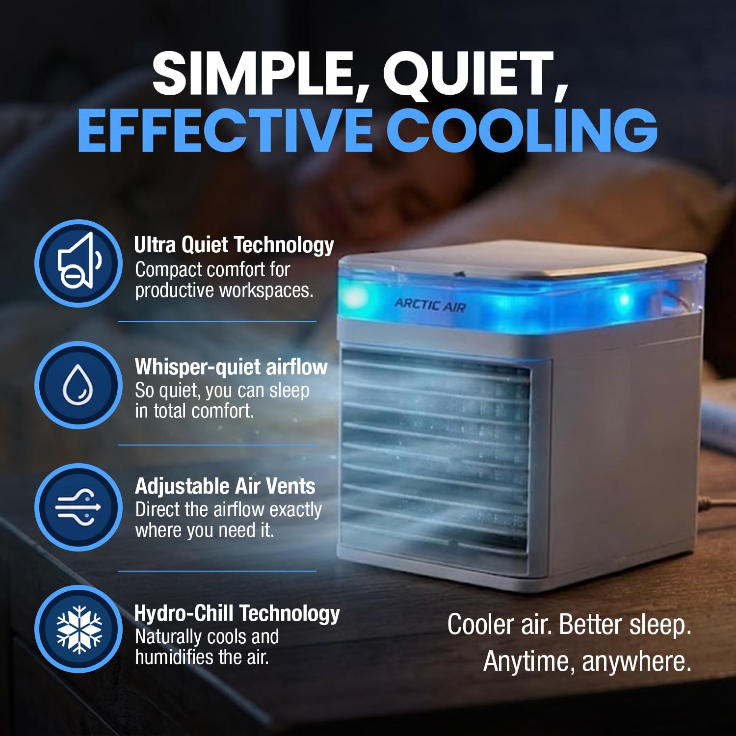 Arctic Air Pure Chill 2.0 Evaporative Air Cooler By Ontel - Powerful, Quiet, Lightweight And Portable Space Cooler With Hydro-Chill Technology For Bedroom, Office, Living Room & More,Blue