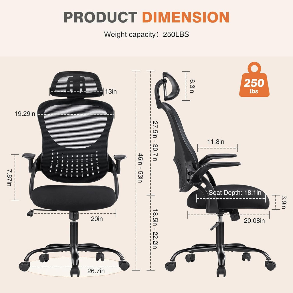 Sweetcrispy Office Computer Desk Chair, Ergonomic High-Back Mesh Rolling Work Chairs With Wheels And Adjustable Headrests, Comfortable Lumbar Support, Comfy Flip-Up Arms For Home, Bedroom, Study,Black