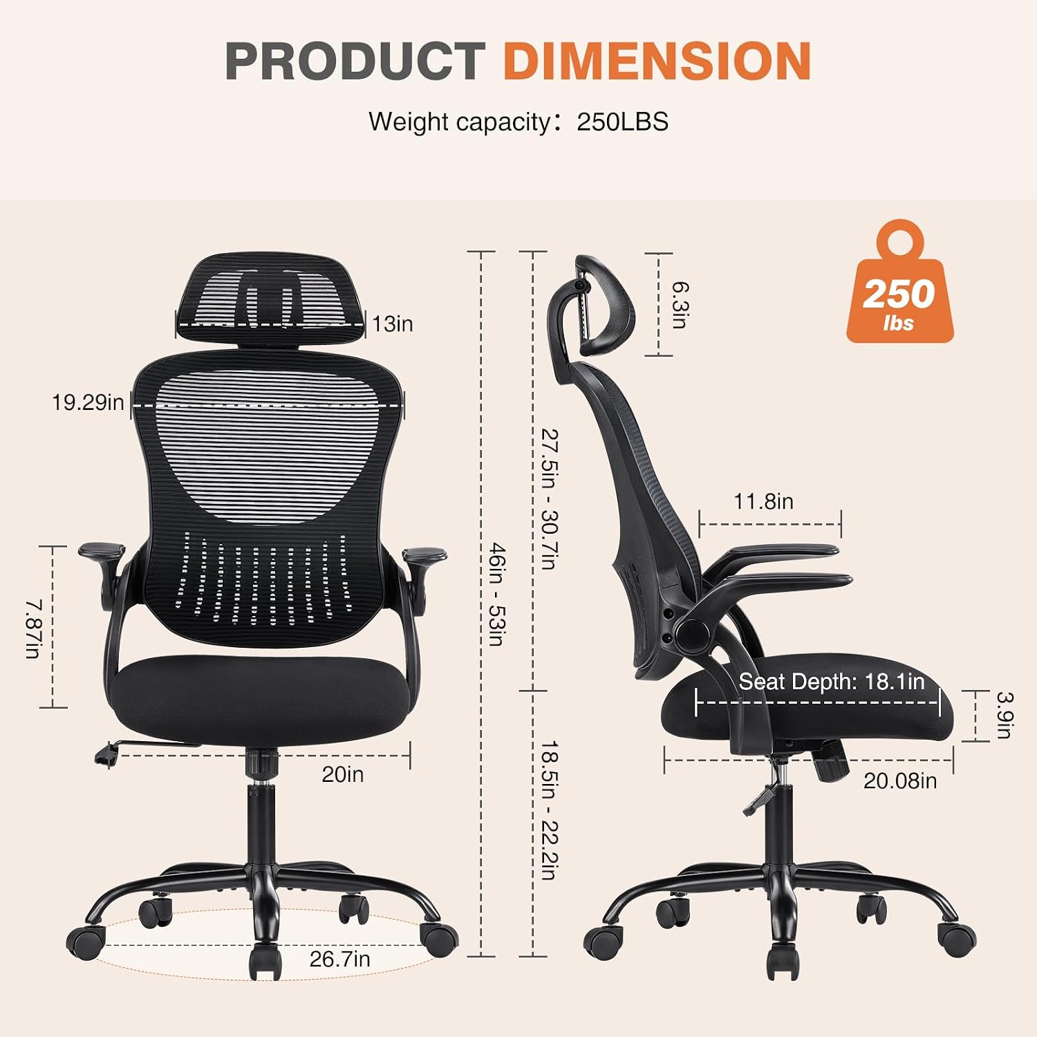 Sweetcrispy Office Computer Desk Chair, Ergonomic High-Back Mesh Rolling Work Chairs With Wheels And Adjustable Headrests, Comfortable Lumbar Support, Comfy Flip-Up Arms For Home, Bedroom, Study,Black