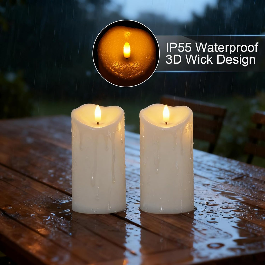 Raycare 6"X3" Outdoor Waterproof Flameless Candles With Remote And Timer, Battery Operated Led Electric Fake Pillar Candle For Christmas Home Wedding Decor, Ivory White, Set Of 2