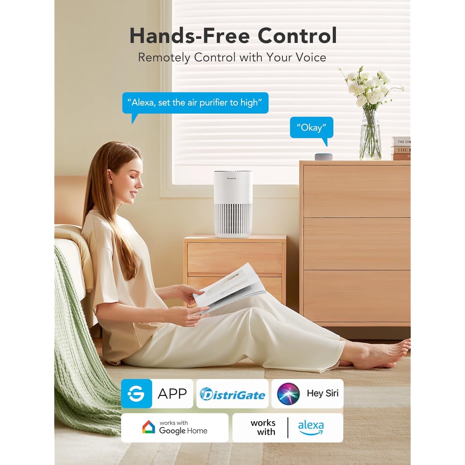 Goveelife Smart Mini Air Purifier For Bedroom, With App & Alexa Control | Hepa Filter, Portable Air Cleaner With 3 Speeds, 2 Modes, Aroma For Pet Hair, Odors, Pollen, Home, White