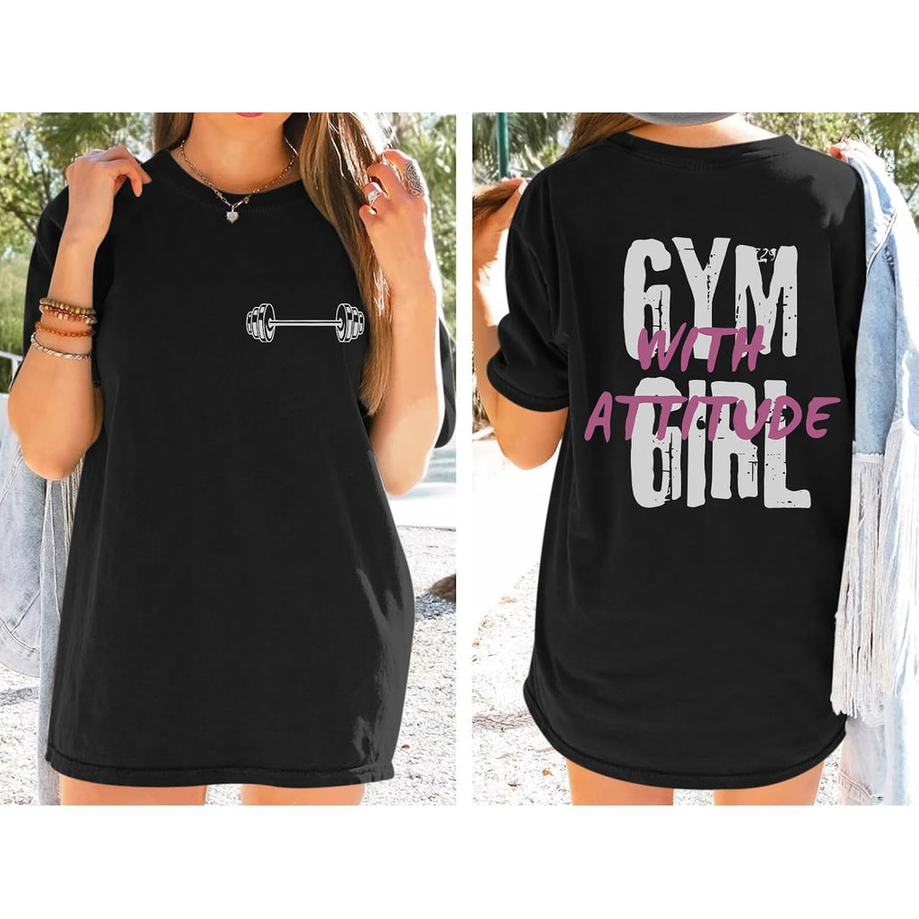 Funny Workout Shirts Women Oversized Weightlifting Graphic Tshirt Gym Girl with Attitude Tees Gym Lover Tops Black