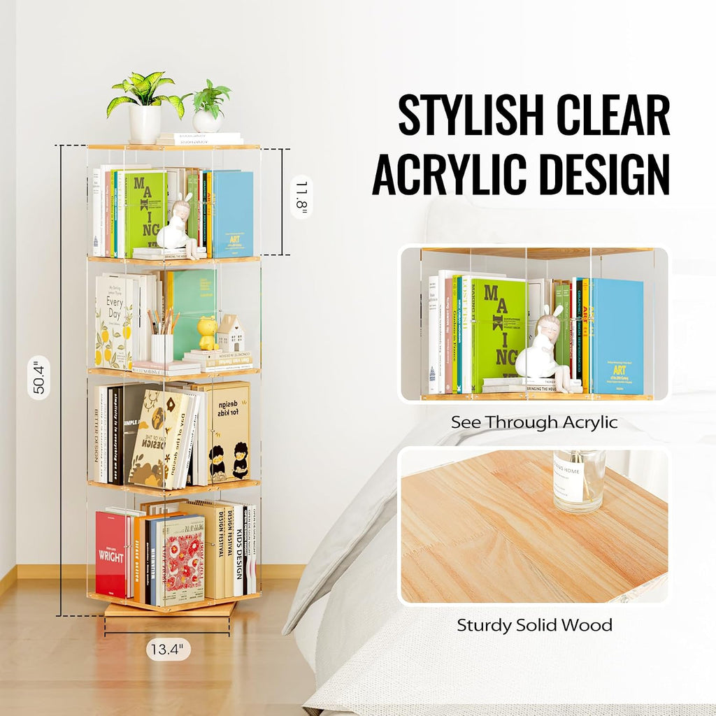 Rotating Bookshelf, 360 Degree Revolving Bookcase, 4-Tier Spinning Bookshelf, Clear Acrylic & Solid Wood Rotating Bookcase For Kid’S Playroom, Bedroom And Living Room, Square