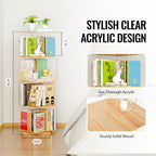 Rotating Bookshelf, 360 Degree Revolving Bookcase, 4-Tier Spinning Bookshelf, Clear Acrylic & Solid Wood Rotating Bookcase For Kid’S Playroom, Bedroom And Living Room, Square