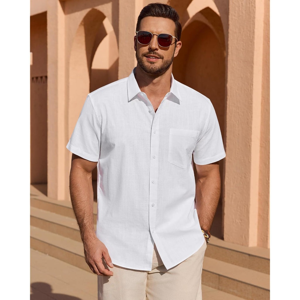 Mens Linen Textured Shirt Cotton Short Sleeve Summer Button Down Shirts | 100% Cotton, Linen-Look Texture, Casual Wear, Breathable Feel, Lightweight, Untucked, Regular Fit, Beach, Vacation, Resort
