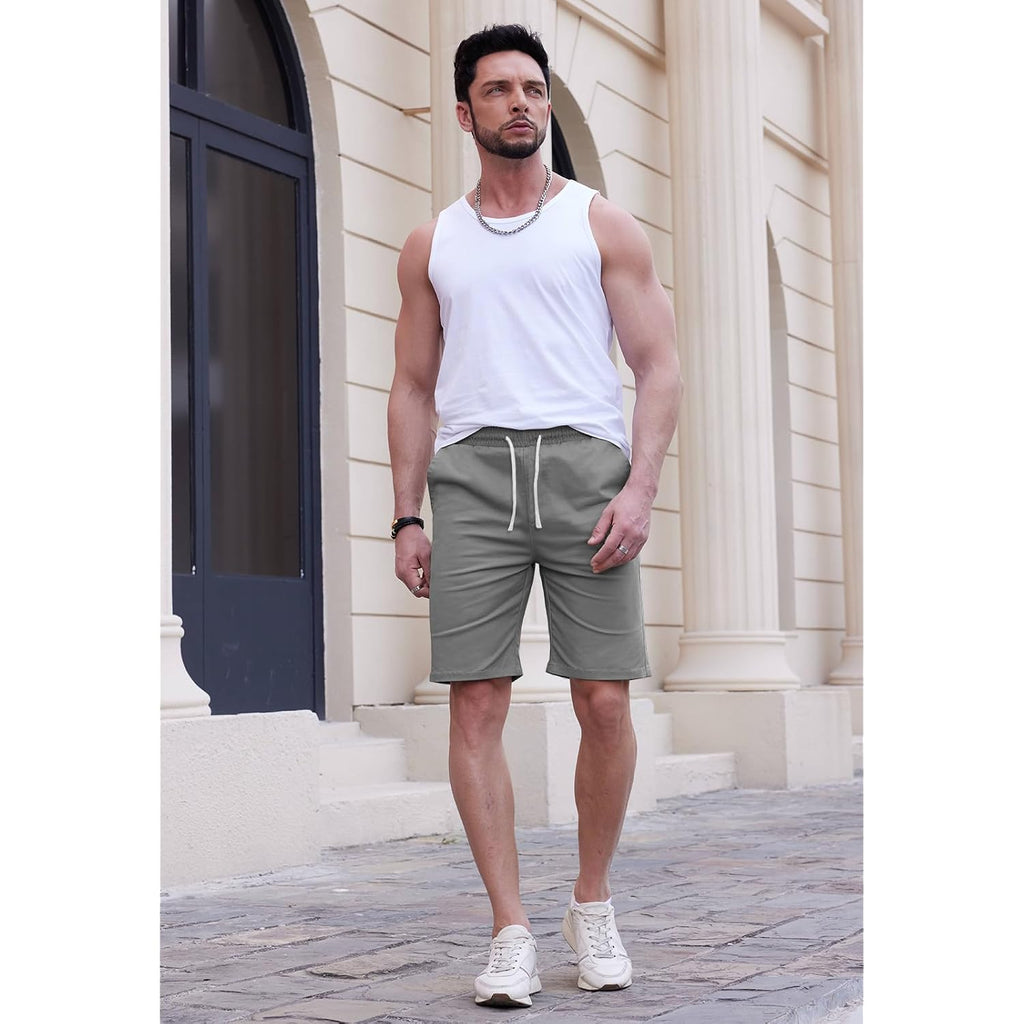 Hungson Mens Casual Shorts 9" Chino Cotton Shorts Summer Beach Drawstring Shorts With Pockets