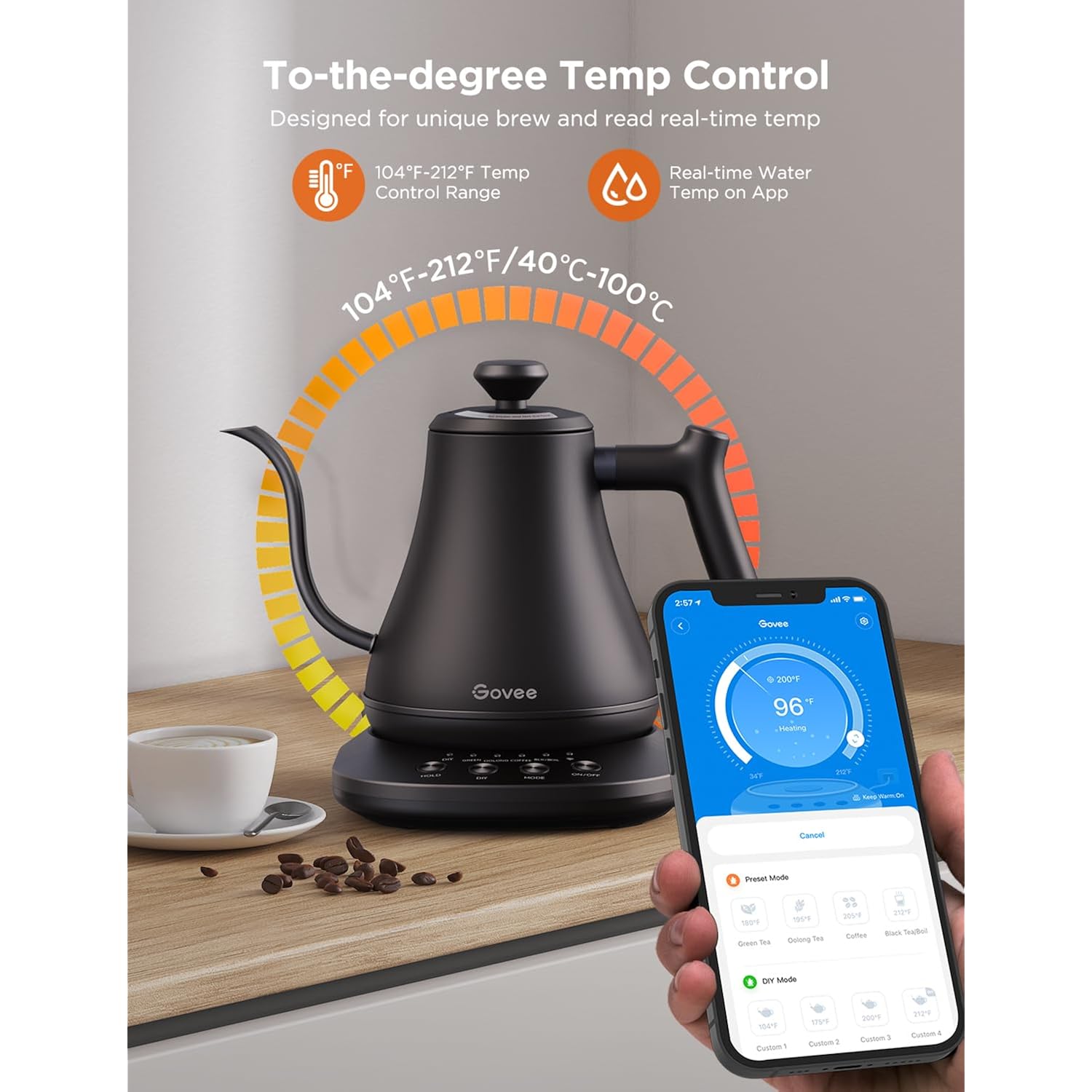 Govee Smart Electric Kettle, Wifi Variable Temperature Gooseneck Pour Over Kettle And Tea Kettle, Alexa Control, 1200W Quick Heating, 100% Stainless Steel, 0.8L, Matte Black