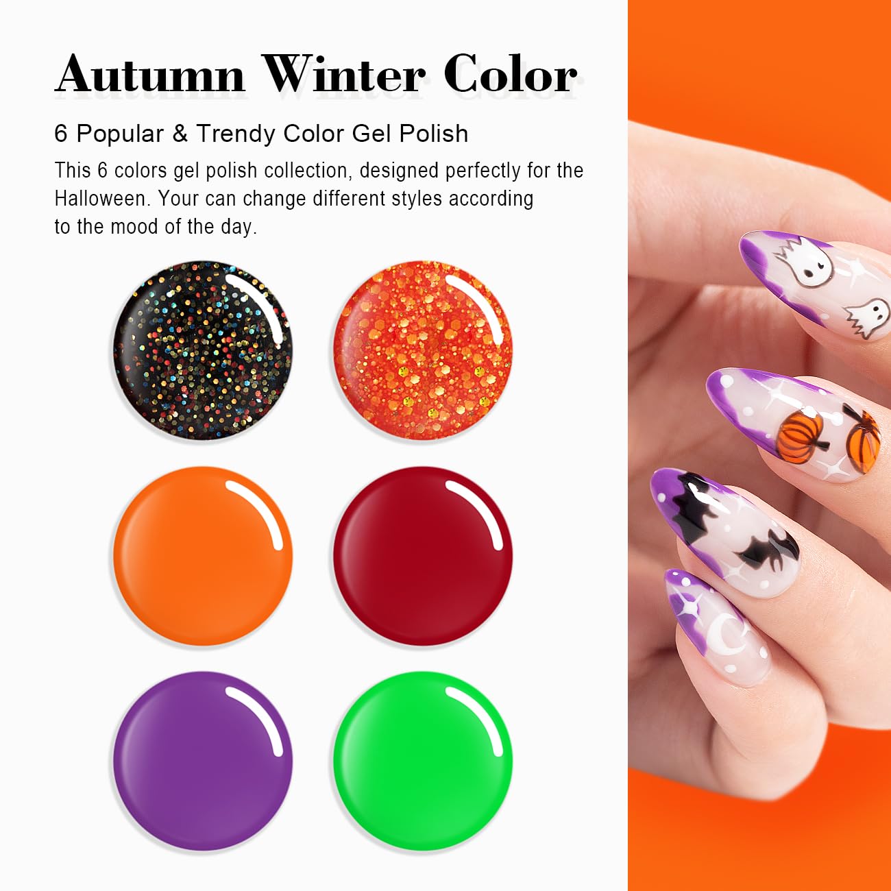 RARJSM Gel Nail Polish Set 6 Colors Black Iridescent Glitter Pumpkin Orange Red Purple Neon Green Autumn Winter Halloween Gel Polish Kit Soak off Salon DIY Home Nail Art Manicure 7.5ML