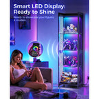 Aodk Display Case With Led Lights, Display Cabinet With Open Glass Shelves For Small Space, 4-Tier Corner Display Shelf With Industrial Mesh, Curio Cabinet For Collectibles, Bookcase