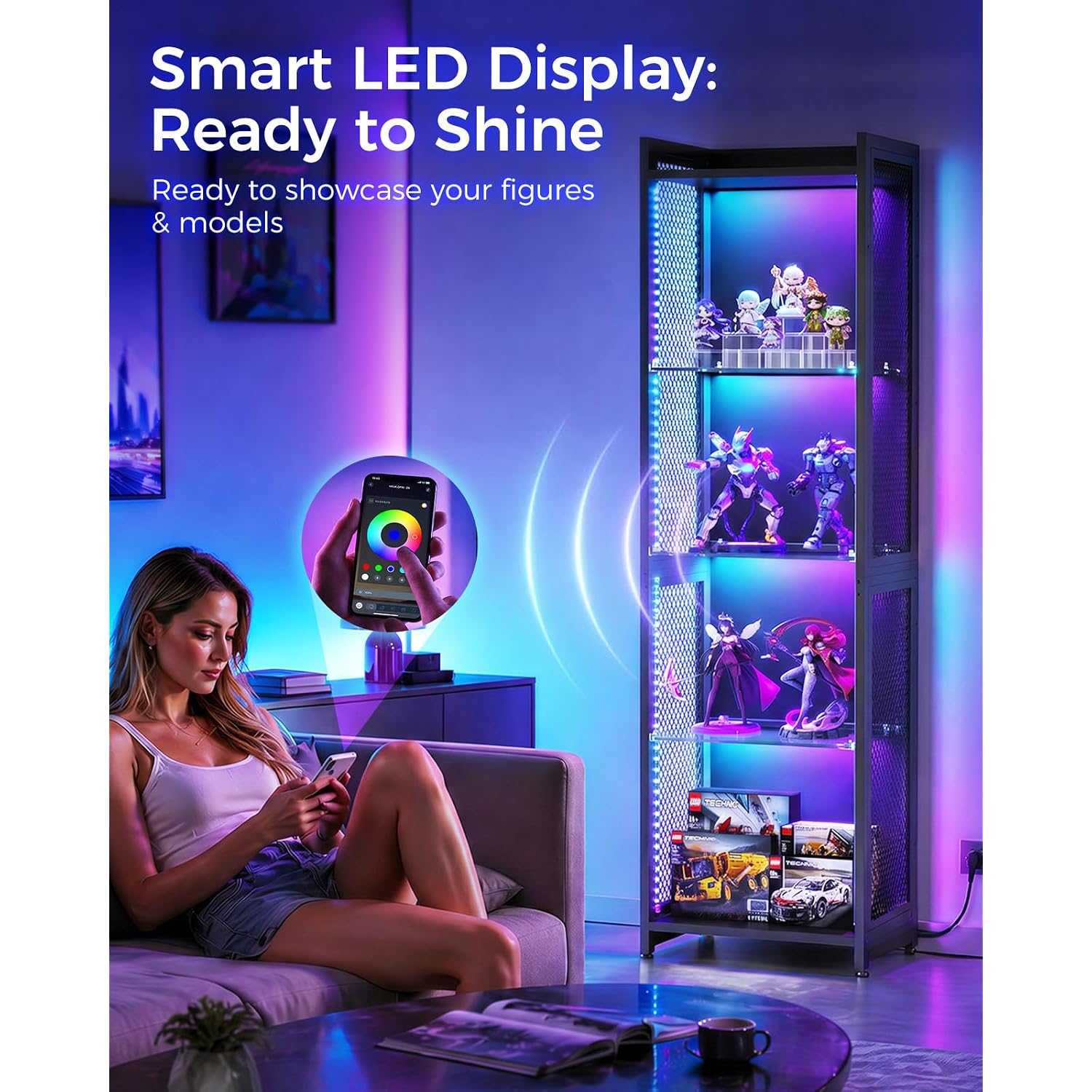 Aodk Display Case With Led Lights, Display Cabinet With Open Glass Shelves For Small Space, 4-Tier Corner Display Shelf With Industrial Mesh, Curio Cabinet For Collectibles, Bookcase