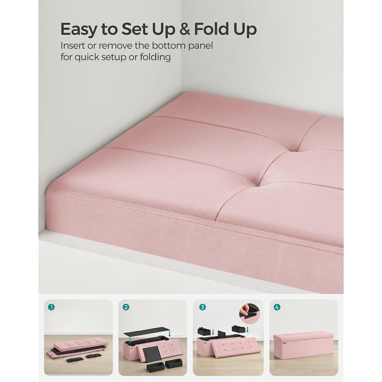 Songmics Mazie Collection - Storage Ottoman Bench, Foldable Foot Rest, 15 X 43 X 15 Inches, End Of Bed Bench, Storage Chest, Load 660 Lb, Living Room, Bedroom, Entryway, Jelly Pink Ulsf277R01