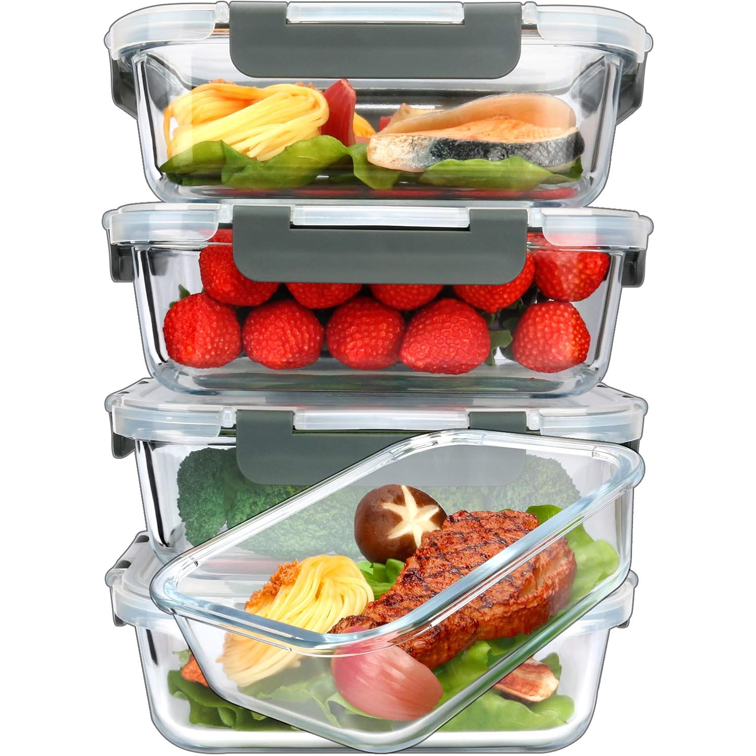 M MCIRCO [5-Packs, 36 Oz Glass Meal Prep Containers with Snap Locking Lids Glass Food Containers,Airtight Lunch Container,Microwave, Oven, Freezer and Dishwasher (4.5 Cup)