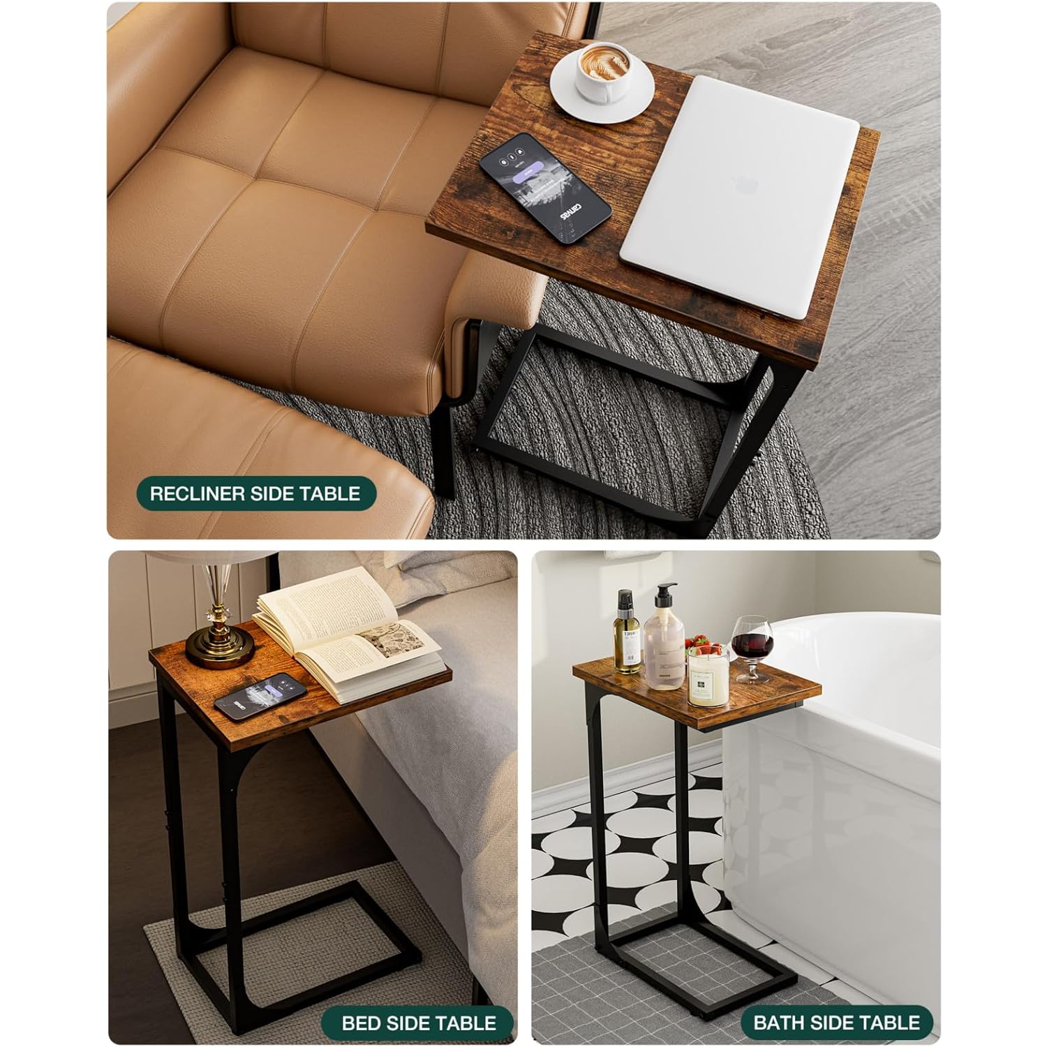 C-Shaped Side Table For Couch - Small Coffee Stand Sofa Tray Desk With Metal Frame And Waterproof Scratch Resistant, Modern End Accent For Living Room, Bedroom, Small Spaces, Rustic Brown