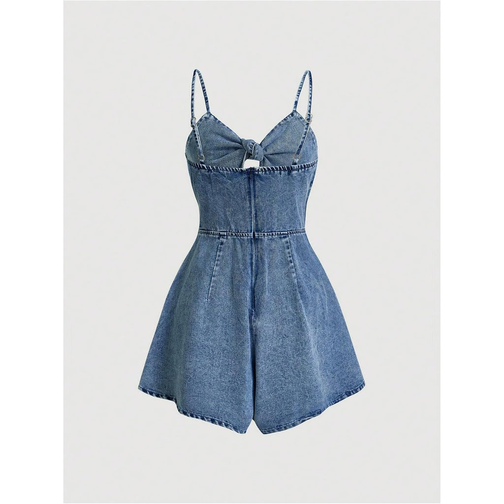 Oyoangle Women'S Vintage Bowknot Spaghetti Strap Denim Romper Sleeveless Wide Leg Jean Short Jumpsuits