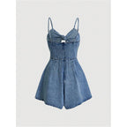 Oyoangle Women'S Vintage Bowknot Spaghetti Strap Denim Romper Sleeveless Wide Leg Jean Short Jumpsuits
