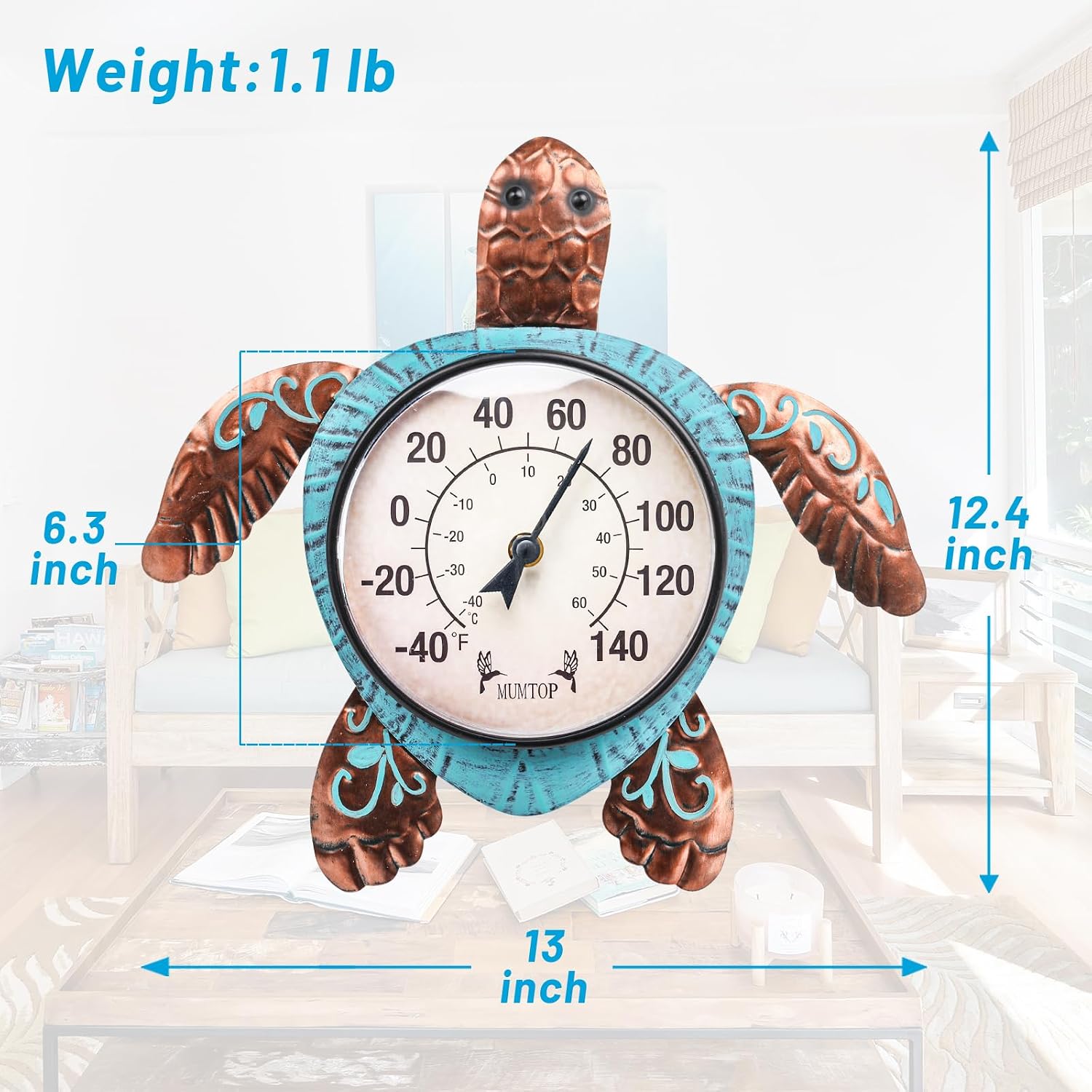 Outdoor Thermometer, Turtle Outside Decor For Patio Pool Garden | Large Number Wall Mounted No Battery Needed Waterproof