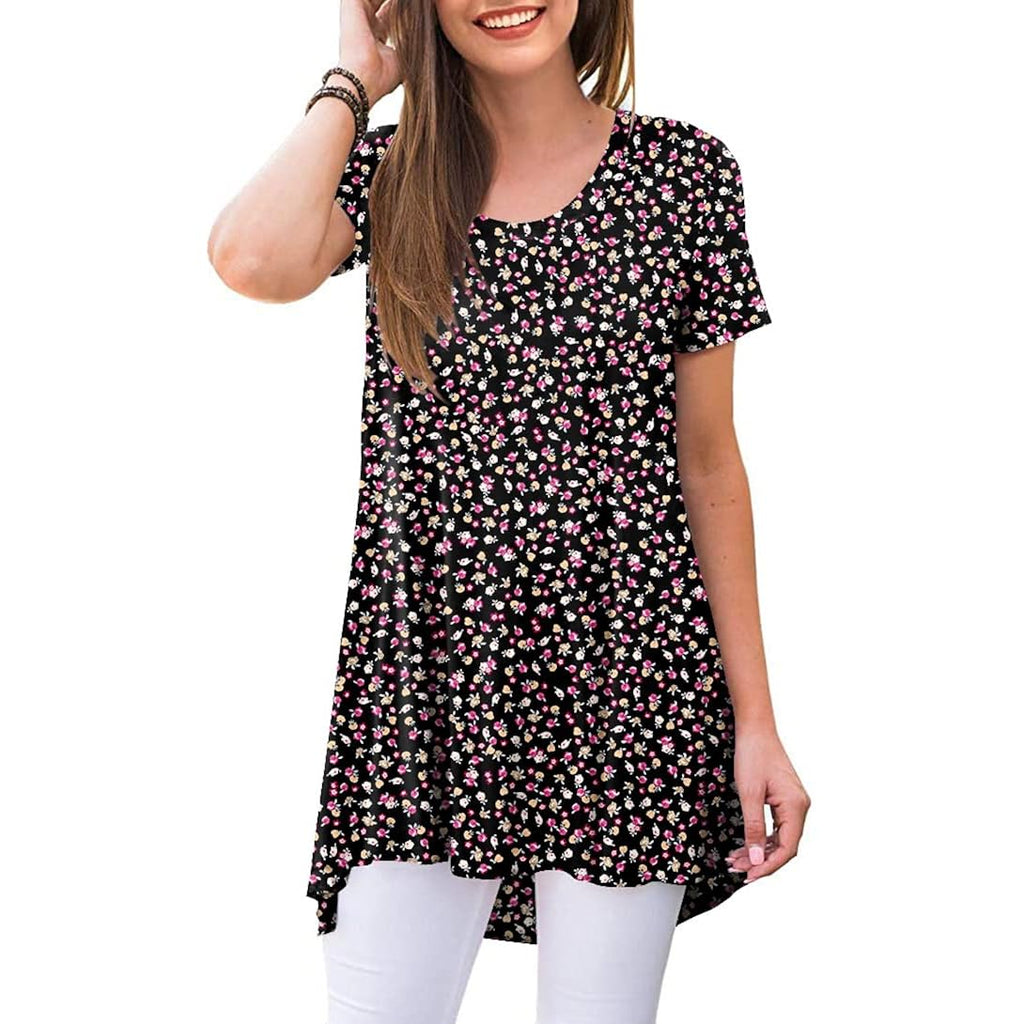 POPYOUNG Women's Summer Long Tunic Top To Wear With Leggings Short Sleeve Shirt Loose Fit Dressy