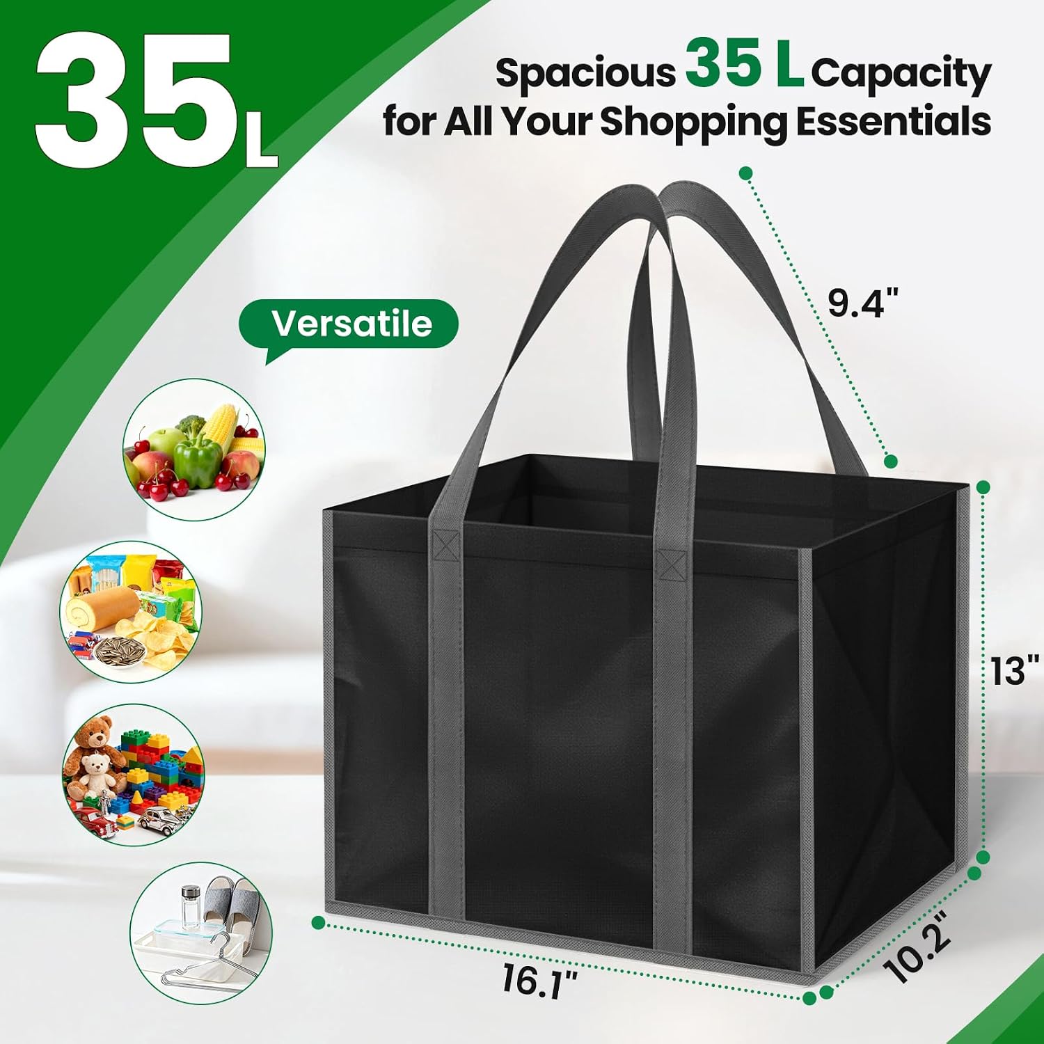 Spacewhisper Reusable Grocery Bags With Long Handles [3 Pack] - Multipurpose Shopping Bags For Groceries, Foldable Grocery Totes Resist Water & Stains For Kitchen, Car Trunk, Picnic (Black)