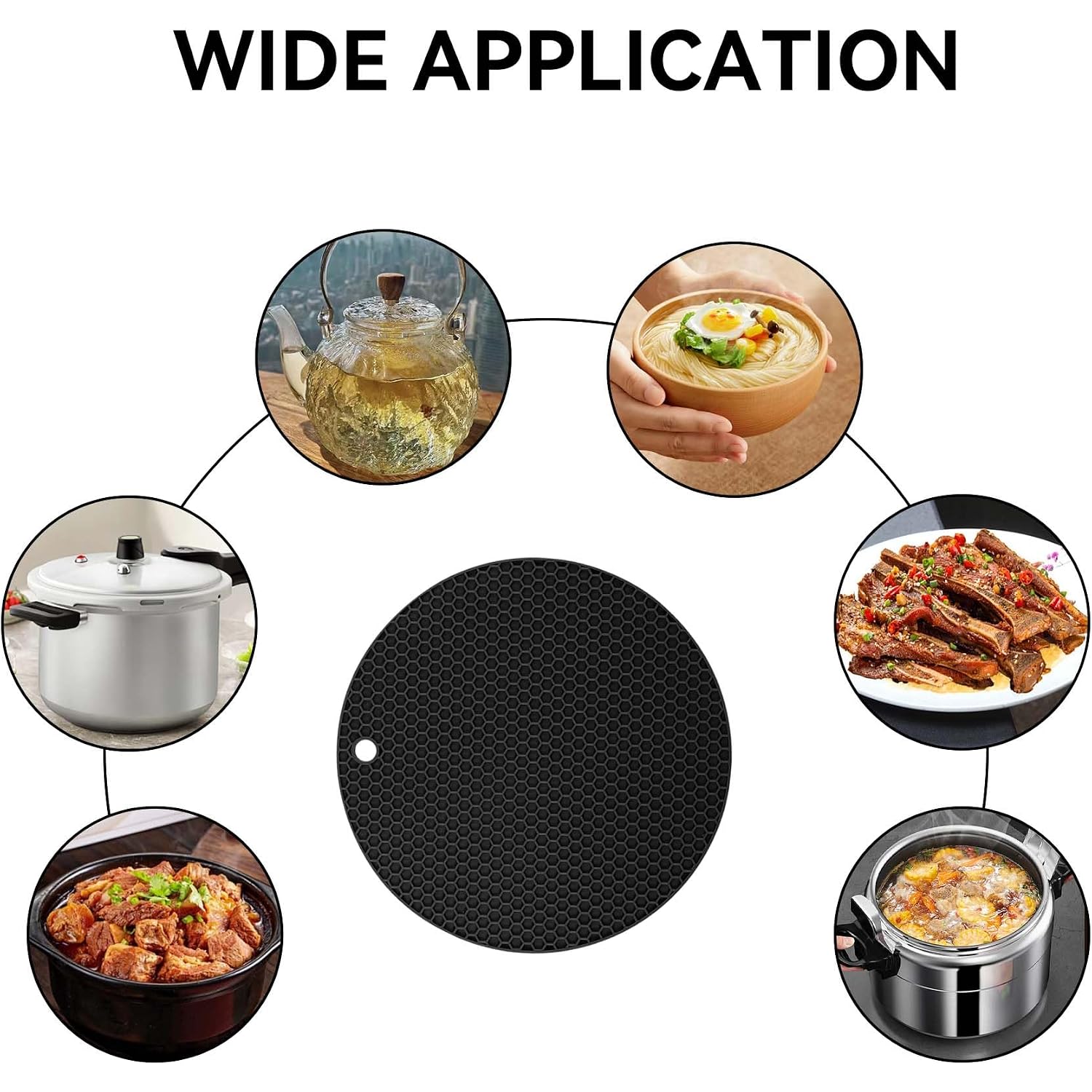 Silicone Trivet Mats,Heat Resistant Pot Holders, Multipurpose Non-Slip Hot Pads For Kitchen Potholders, Hot Dishers, Jar Opener, Spoon Holder, Food Grade Silicone(Black Size Round 7''X7'')