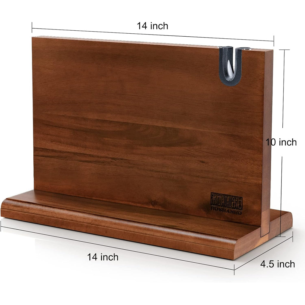 Hoshanho Magnetic Knife Block 14 X 10 Inches, Double Sided Magnetic Knife Holder Rack For Kitchen Counter, Acacia Wood Magnetic Knife Storage Stand With Knife Sharpener