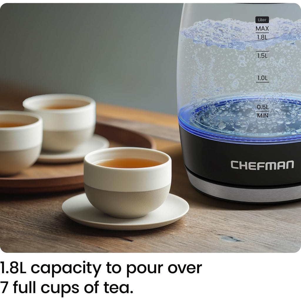 Chefman Electric Kettle, 1.8L 1500W, Hot Water Boiler, Removable Lid for Easy Cleaning, Auto Shut Off, Boil-Dry Protection, Stainless Steel Filter, BPA Free, Borosilicate Glass Electric Tea Kettle