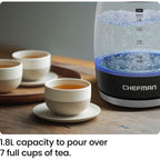 Chefman Electric Kettle, 1.8L 1500W, Hot Water Boiler, Removable Lid for Easy Cleaning, Auto Shut Off, Boil-Dry Protection, Stainless Steel Filter, BPA Free, Borosilicate Glass Electric Tea Kettle