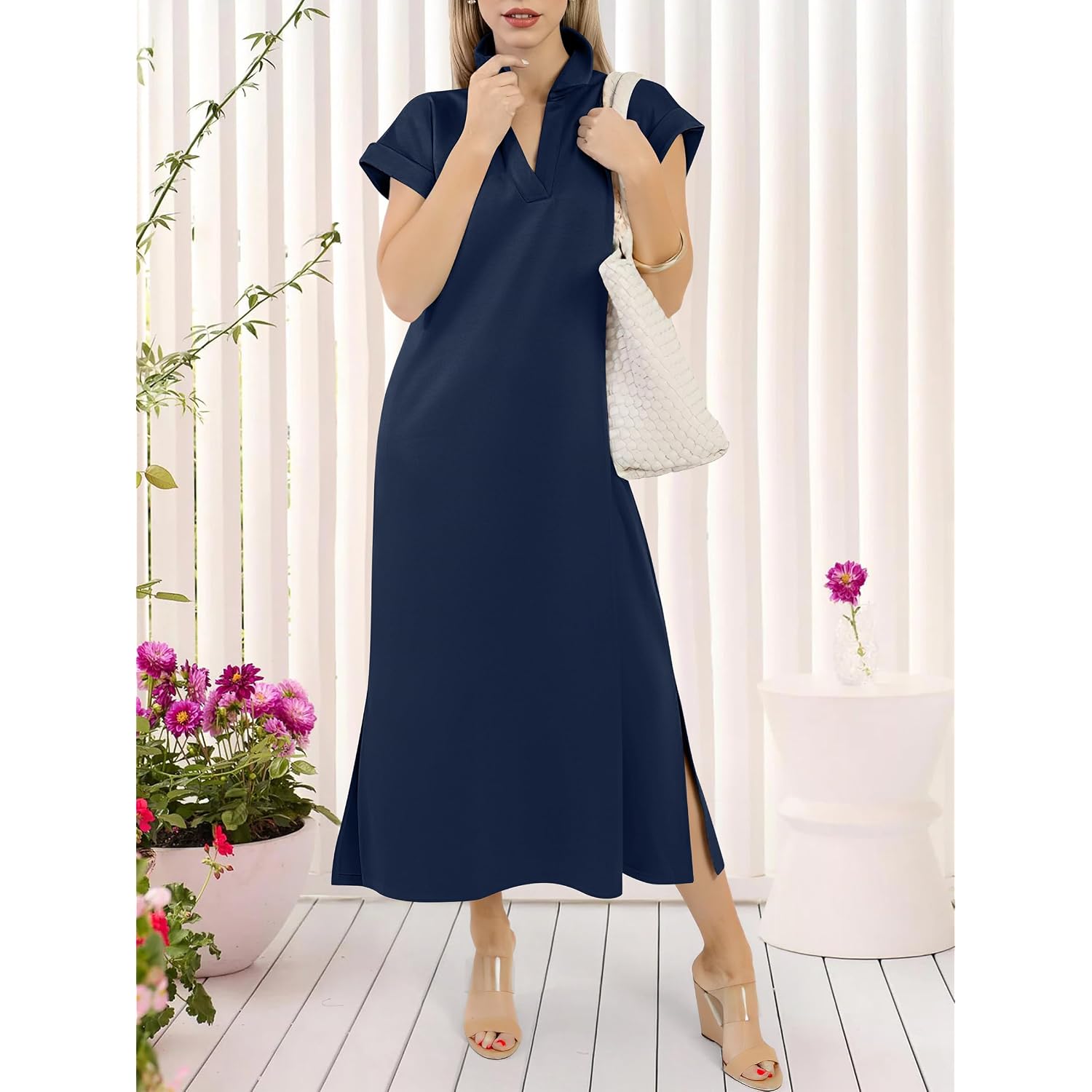 Anrabess Womens Summer Casual Polo V Neck Dresses | Short Sleeve Split Tshirt Maxi Dress With Pockets, Soft Wrinkle-Free Loose Fit, Beach Vacation Travel Outfit, Summer Clothes